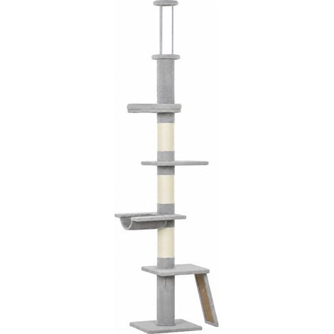 PawHut Tiragraffi per Gatti a Soffitto con Altezza Regolabile 230-260 cm, Grigio (1/5)