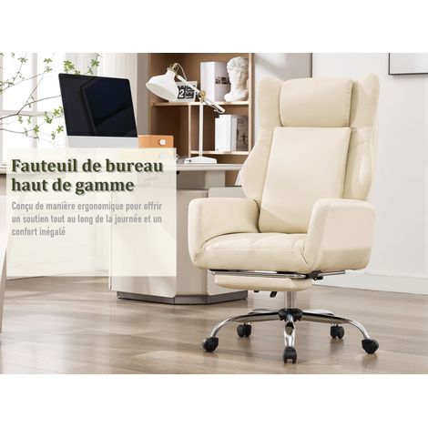 Fauteuil de bureau haut dossier avec appui-tête et soutien lombaire, accoudoirs réglables, repose-pieds, revêtement PU, capacité de charge 136 kg, couleur beige (1/5)