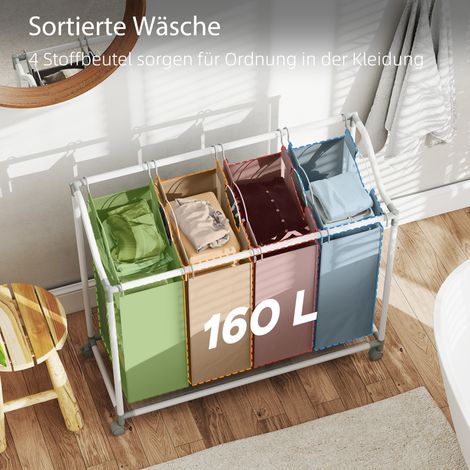 Panier de rangement pour linge sale 4 compartiments, 160 L, sur roulettes, avec sac amovible, 97 x 38 x 81 cm, gris (1/4)