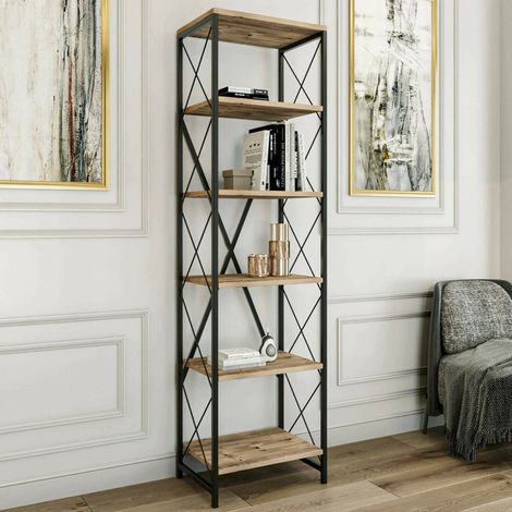 Dmora - Bücherregal Dpoll, Büroregal, Mobiler Buchhalter, Bücherbrett, 50x30h180 cm, Eiche und Schwarz (1/3)