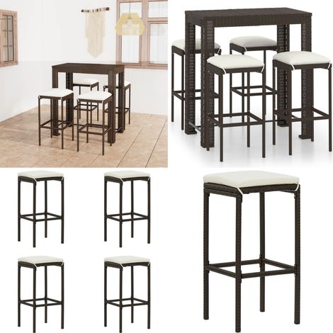 Meuble de bar de jardin 5 pcs et coussins Résine tressée Marron - Ensemble Salon De Jardin - Mobilier De Jardin - Set De Bar Extérieur - Table De Bar - Chaises De Bar - Home & Living