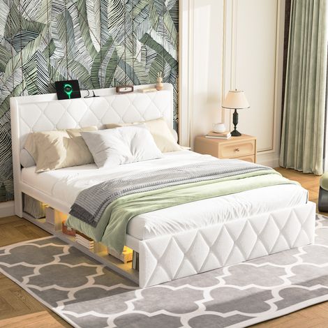 Letto matrimoniale 140x200 cm con testiera libreria, LED e porte USB, in tessuto, bianco, senza materasso (1/5)