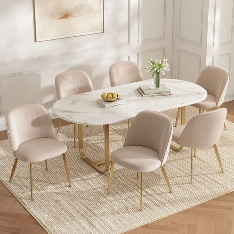 6 Samt-Esszimmerstühle Beige, 53 x 50 x 80 cm, goldfarbene Metallbeine – MEUBLIV (1/5)