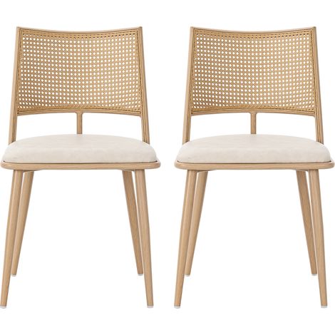 Lot 2 chaises séjour beiges - Assises PU - Dossiers rotin - Pour salon, chambre, salle à manger - Confortables et respirantes (1/5)