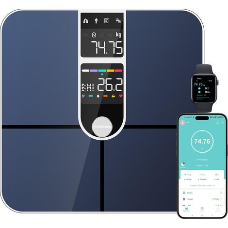 Pèse Personne Balance Connectée Bluetooth Avec 2 Écrans VA et Technologie de Revêtement ITO, 16 Données Corporelle avec Fréquence Cardiaque APP pour Andriod et iOS 180kg/400lb, Argenté (1/5)