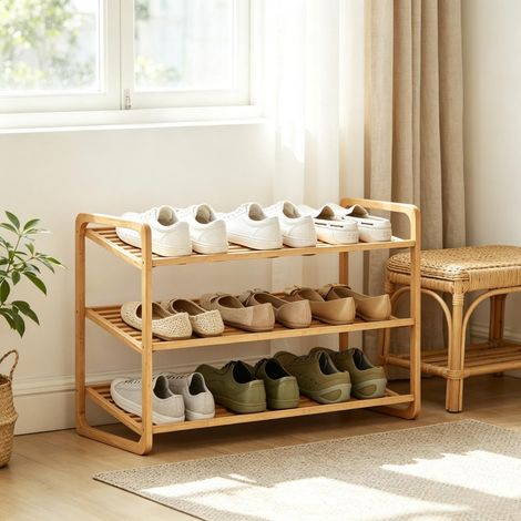 Bambus‑Schuhgestell mit 3 Ebenen, Schuhregal für bis zu 12 Paar Schuhe (1/5)