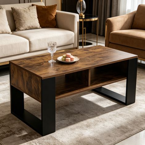 DESMIU Table Basse avec 2 Niches de Rangement, pour Salon, en Bois, Noir et Brun Rustique, 90 × 45 × 45 cm (1/4)