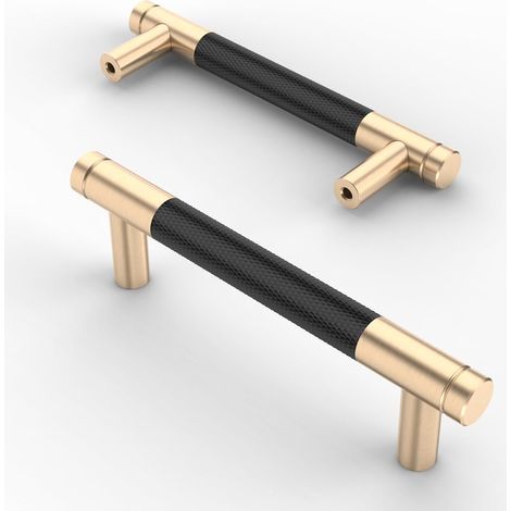 Set mit 2 96 mm großen, mattschwarzen, gerändelten Möbelgriffen in Goldfarbe für Küchenschubladen und -schränke
