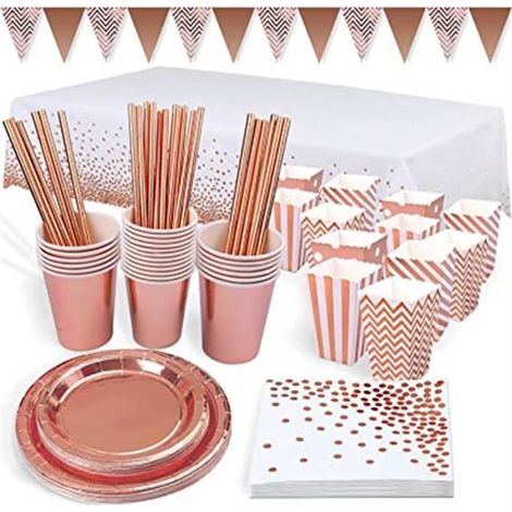 24 pièces vaisselle jetable rose, assiettes dessert grandes tailles, pailles en papier et serviettes, kit anniversaire complet pour fête enfant