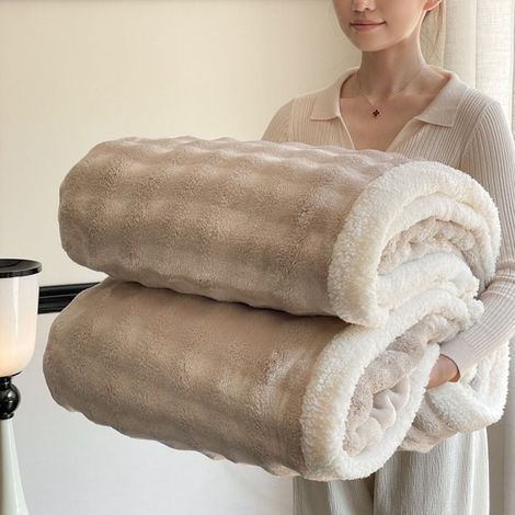 Couverture Épaissie Double Couche Bubble Fleece,150x200cm Plaid Polaire Chaud en Flanelle et Sherpa, Couverture Unie,Kaki (1/5)