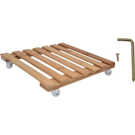 Support à roulettes pour pot de fleurs, pot carré en bambou 30x30cm, pour jardin et maison. Déplacement facile. (1/5)