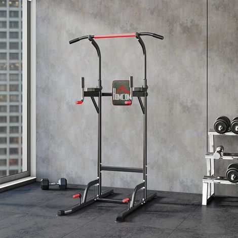 Barra de dominadas Power Tower, estación de fitness multifuncional ajustable, 189-239 cm, acero, negro y rojo. (1/5)