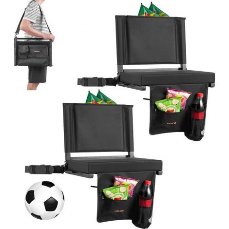 Silla Plegable para Estadio con Respaldo, Acolchada, con Correa para el Hombro, Portavasos, Gancho y Bolsillo Lateral, Color Negro, Paquete de 2, 325 x 430 x 385 mm, para Eventos Deportivos (1/5)