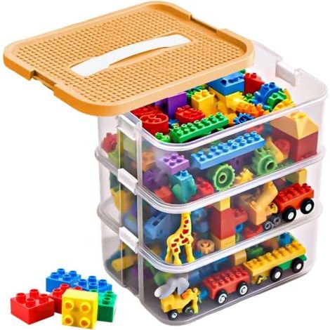 Boîtes de rangement empilables pour enfants avec couvercle, en plastique transparent, avec compartiments, plaque de base de bâtiment et plateau amovible, 3 niveaux, empilables (jaune) (1/5)