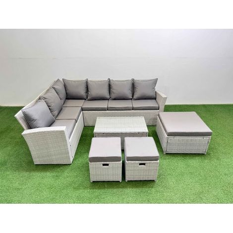 Fimous 9 Seater Garden Outdoor PE Rattan Furniture Set Rattan Garden Sofa Set with Oblong Coffee Table Light Grey Mixed (1/5)