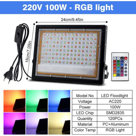 LED Außenprojektor 100 W AC220 V/DC12 V, wasserdicht IP65, RGB multicolore Ambiente-Beleuchtung, europäischer Stecker, ideal für Garten, Terrasse und Gebäude.