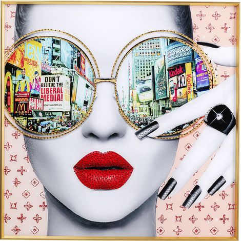 Tableau mural design Times Square View Multicolore Carré avec éléments de décoration en verre de sécurité Impression photo Art mural glamour Chambre à coucher Salon Papier verre 80 x 80 cm (1/5)