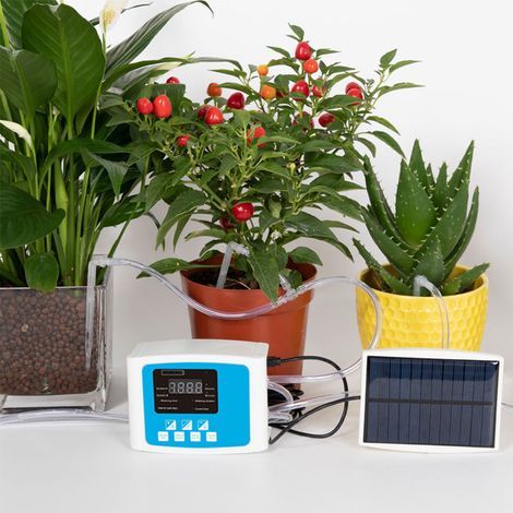 Automatic drip irrigation kit, USB and voice-activated, solar panel powered, 10 timed indoor pot watering devices, dual pump, auto system (1/5)