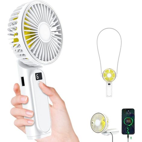 Ventilateur portable rechargeable par USB avec batterie externe de 4000 mAh, mini ventilateur pliable, 6 vitesses réglables, indicateur de niveau de batterie, couleur blanc (1/5)