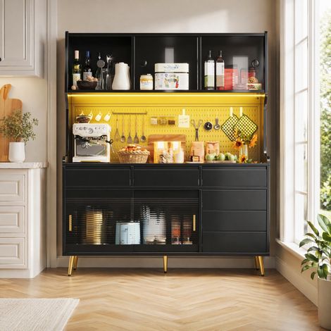 Credenza alta FloraGrace 145x39x171 cm, MDF/metallo/vetro nero, per sala da pranzo (1/5)