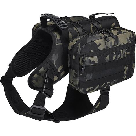 Sac à dos de randonnée pour chien, idéal pour les grands chiens. Poches latérales, bandoulière en cuir réglable, 2 poches latérales spacieuses, tissu respirant et imperméable – motif camouflage. (1/5)