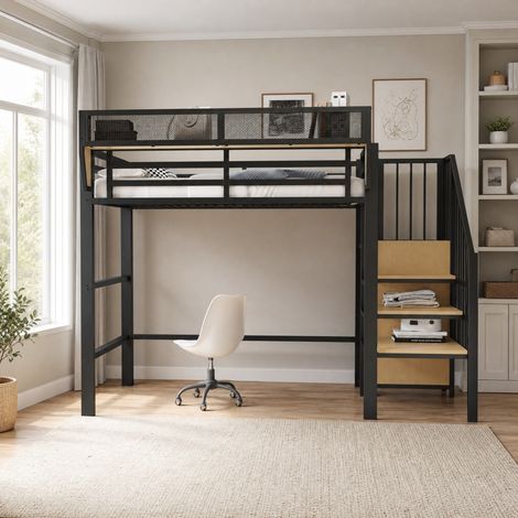Hochbett 90x200 cm Schwarz aus Metall mit Sicherheitsleiter und flexiblem Ablagefach (1/5)