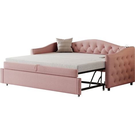 Lit avec fonction canapé en tissu lin rose 90x200 cm avec port USB, sommier à lattes inclus (1/5)