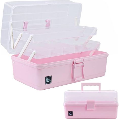 Boîte de rangement avec couches, boîte à outils en plastique avec poignée pour couture, maquillage, médicaments, ongles (Rose) (1/3)