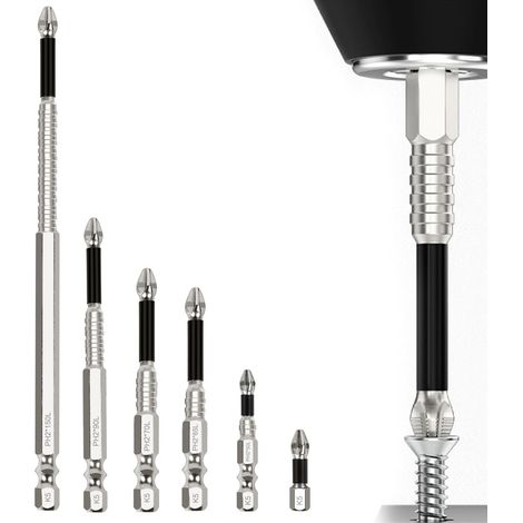 6 Pièces Tournevis Magnétiques, Visseuse de Précision, Outil de Perçage, Tournevis Cruciformes Antidérapants, pour Perceuse Électrique, Manuelle 25 50 65 70 90 150 mm (1/5)