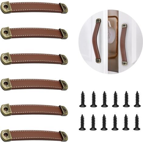 6 pcs Poignée Meuble , Poignée de Porte en Cuir, Bouton de Portes Placard Poignee Cuir Bouton de Tiroir, pour Les Armoires de Cuisine, Armoire, Salle de Bain(Kaki) (1/4)