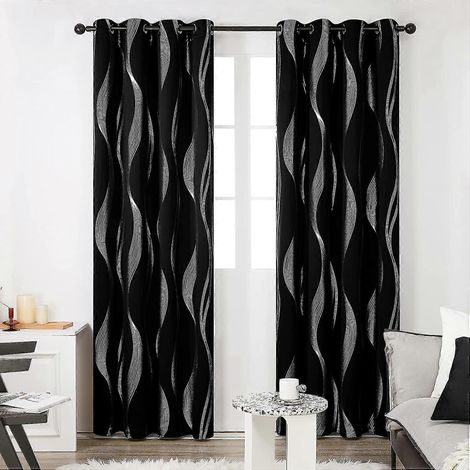 Ensemble de 2 rideaux à œillets pour salle à manger, cuisine ou chambre, 132 x 244 cm, motif à rayures noires, rideau de porte occultant thermique argenté pour intérieur ou hôtel. (1/5)