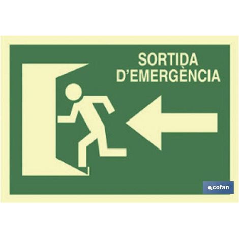 Panneau de sortie de secours luminescent 297x210 mm avec texte et pictogramme.