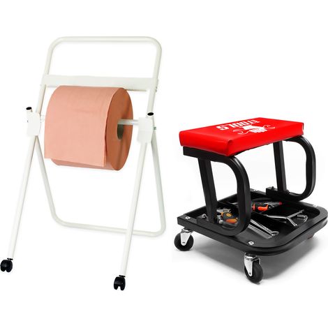 Tabouret Garage BM TOOLS Plateau Outils de Rangement, Siège Mécanicien Rembourré, Chariot Atelier avec Dévidoir de papier