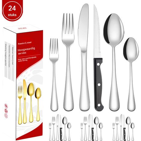 Ensemble de couverts - Acier inoxydable - Pour 4 personnes avec couteaux à steak et louches à salade - 24 pièces - Argenté - Usage domestique et professionnel (1/5)