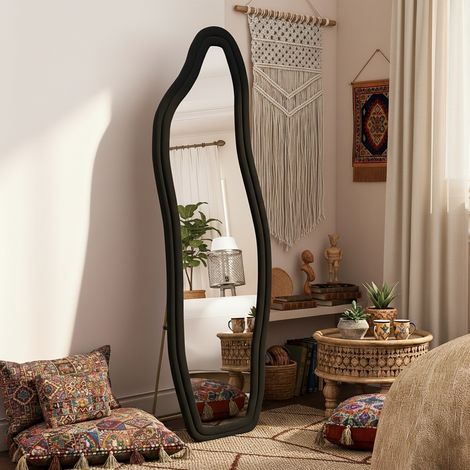 Stehspiegel 160x50 cm – Großer Wandspiegel mit Samtrahmen für Schlafzimmer, Wohnzimmer, Ankleidezimmer – Schwarz