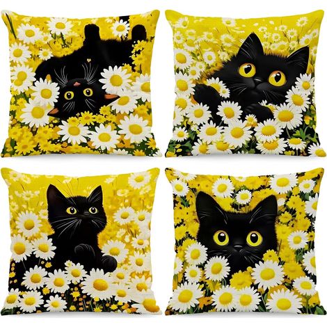 45x45 cm, Lot de 4 Housses de Coussin Chat Noir et Floral Taie d'oreiller Décorative Carrée en Peluche pour Canapé Maison Salon Chambre à Coucher (1/5)