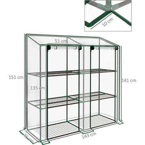 Mini serre 3 niveaux 143x46x141-151cm, bâche plastique 2 portes enroulables 6 étagères (1/5)