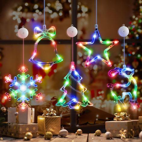 Juego de 5 luces navideñas de cadena a pilas, multicolores, con forma de copo de nieve y campana, para decorar el árbol de Navidad o la chimenea (1/5)