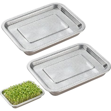 Germination Trays: Set of 2 27 × 20 cm Stainless Steel Seed Tray, Germination Tray for Hydroponics, Leaked Salad, Beans, Wheat, Hydroponics, Indoor Growing (1/5)