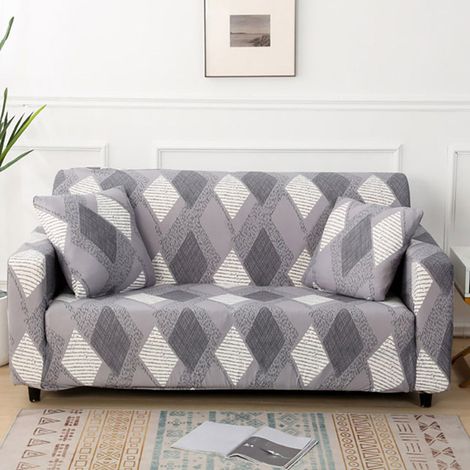 Copridivano elasticizzato a 2 posti con braccioli, fantasia geometrica, grigio, bianco [SFT68]