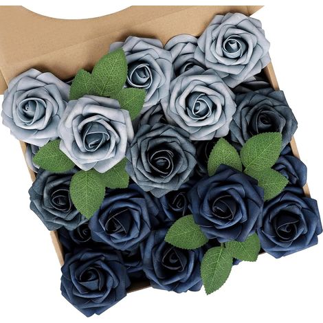 Lot de 25 Rose artificielle, mousse de latex, tige flexible 18cm, tête 8cm, bleu, pour mariage, fête, décoration maison