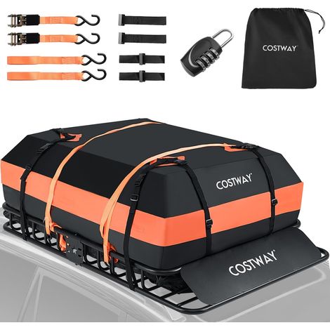COSTWAY Porte-Bagages avec Coffrepour Voiture Charge 90 KG, Panier de Toit en Métal 130 x 91 x 17 CM avec Sac de 425 L et Sangles, Galerie de Toit Support de Garde-Corps pour SUV, Camionnette