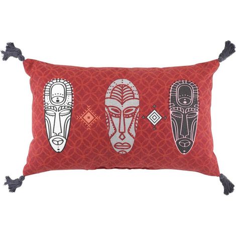 Coussin à Pompons "Tribaline" 30x50cm Rouge (1/3)