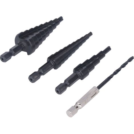 Set de 4 forets étagés HSS acier rapide, cannelures droites, traitement thermique, forets hélicoïdaux pour perceuse, kit professionnel (1/5)