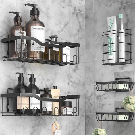 Etagere Salle de Bain 5 Pièces avec Crochet Noir, Sans Perçage pour Douche, Cuisine, Toilettes (1/5)