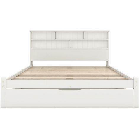 Letto matrimoniale 140 x 200 cm bianco con cassetti e testiera libreria in pino e MDF (1/5)