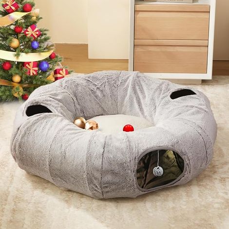 Tunnel pour Chat d'intérieur – Tunnel en Forme de Donut pour Chat avec Coussin Circulaire Lavable, Jouet Rond pour Chaton/Chiot/Lapin, Gris (1/3)