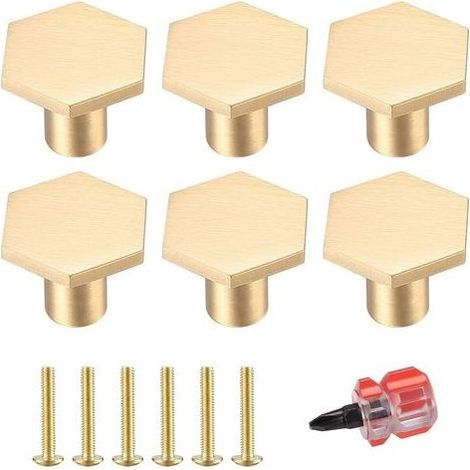 – Set mit 6 sechseckigen Messing-Möbelknöpfen, 22 mm x 18 mm – Goldfarben – Inklusive Schraubendreher für einfache Montage (1/5)