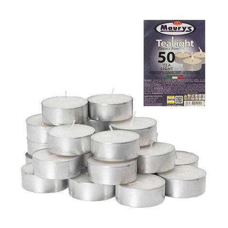 SET 50 CANDELE TEA LIGHT BIANCHE CON BASE IN METALLO – IDEALI PER PORTACANDELE, DECORAZIONI ED EVENTI (1/5)
