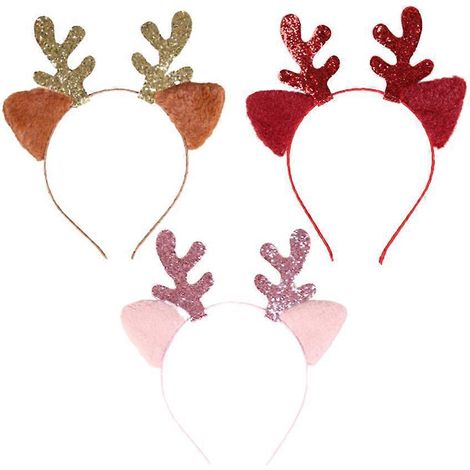 Lot de 3 bandeaux décoratifs pour cheveux sur le thème de Noël, avec bois de renne et clochettes, pour enfants et adultes (rouge, marron et rose).-21X18cm (1/3)